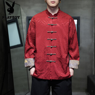 Playboy (playboy) new chinese style men's chinese style red tang suit shirt jacket spring long-sleeved shirt animal year hanfu top men's red 3xl 160-180jin jin equals 0.5 kg
