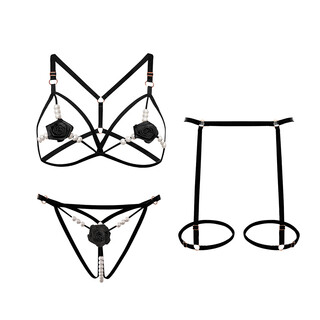 Jinyi sexy transparent suspender no-take off hot flirting rose beaded three-point temptation bra set for women plus size black l one size fits all sizes (suitable for 80-150 jin jin equals 0.5 kg) one size fits all sizes (suitable for 80-150 jin jin equals 0.5 kg)