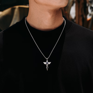 Mingyang decorative sea can be engraved 925 sterling silver angel wings necklace men's trendy cross pendant birthday gift for boyfriend angel wings sterling silver pendant + steel chain-60cm