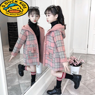 G.DUCKKIDS女童秋冬加绒风衣儿童羊羔绒中长连帽大衣秋冬小女孩加厚毛呢外套 粉红色- 140 cm