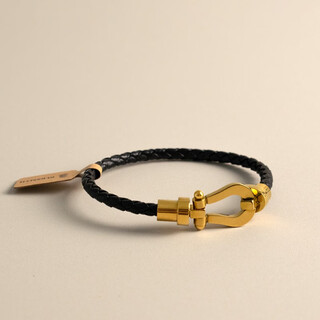 Anst old phoenix gold store model 18k gold-plated sasha flat model gold-plated leather braided horseshoe buckle bracelet bracelet women's hand s black cowhide total length approximately 17.5cm/suitable for wrist