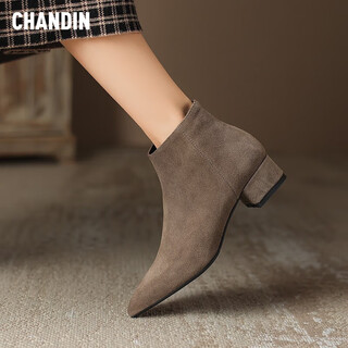 Asamachi matte cowhide martin boots for women autumn and winter nude boots medium heel pointed toe thick heel chelsea short boots and ankle boots brown 37