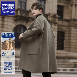 Romon double-sided woolen coat men's medium-length korean style over-the-knee woolen windbreaker wool coat winter thickened british gray green xl (180-210jin jin equals 0.5 kg)
