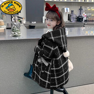 G.duckkids korean version 2025 new girls winter clothing thickened velvet woolen velvet coat mid-length korean style plaid coat black 170cm