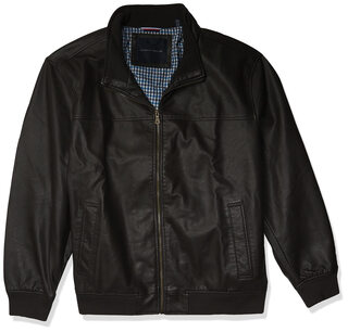 Tommy hilfiger men's faux leather bomber casual jacket ribbed knit collar dark brown 2x