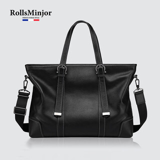 Rollsminjor business genuine leather casual briefcase men's shoulder crossbody handbag cowhide official document computer bag black 38*9*29cm
