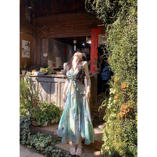 Nanmu xiong dress forest floating summer suspender temperament suspender skirt women 2025 summer new print slim waist long skirt suspender dress 80-100jin jin equals 0.5kg with chest pad