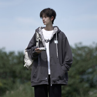 Nying american contrasting color hooded cardigan jacket for men in spring and autumn new fashion brand plaid heavy large size loose sweatshirt top gray xl (125-140jin jin equals 0.5 kg)