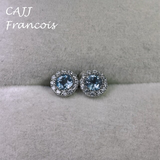 Cajj francois 0.45 carat aquamarine stud earrings 925 silver classic surround daily wear natural colored gem aquamarine stud earrings