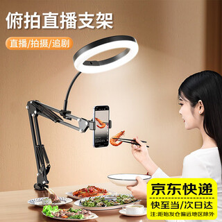 Qishiqi overhead shooting mobile phone holder new professional live broadcasting with fill light desktop mobile phone clamp multi-angle cantilever adjustment shooting live clip recording video vlog booking food cooking black丨cantilever stand + 26cm fill light