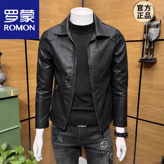 Romon high-end imitation leather jacket men's lapel spring and autumn short jacket imitation sheepskin motorcycle jacket black regular size m 110jin jin is equal to less than 0.5 kg