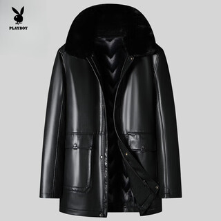Playboy middle-aged and elderly men's genuine leather coat with velvet and thickened large size men's mid-length parka coat men's sheepskin jacket black ordinary fur collar 3xl 190 180-200jin jin is equal to 0.5 kg wear
