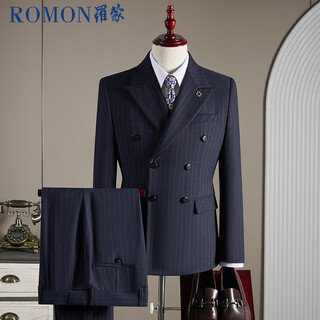 Romon suit + vest + trousers striped double-breasted suit men's business slim formal suit navy xl