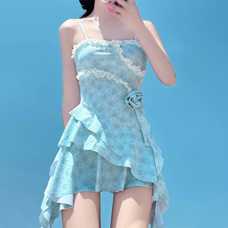 Ono seven days lace flower hot spring swimsuit for women sweet girl resort swimsuit style conservative belly covering slimming swimsuit light blue one size