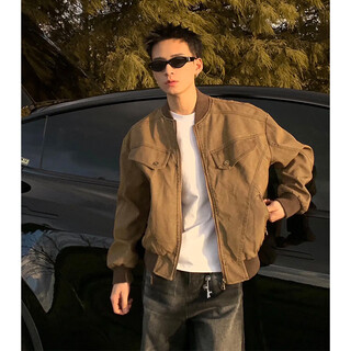 Shelley jones maillard short work jacket men's spring and autumn washed trendy brand baseball uniform american retro harrington jacket brown xl recommended 120-140jin jin equals 0.5 kg