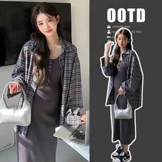 Mengyilan pregnant women spring and autumn suit 2025 new loose fashionable shirt vest skirt two-piece set western style pregnant women spring and autumn new plaid shirt (single piece) l recommendation 115-130 jin jin is equal to 0.5 kg