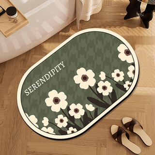 Fantasy bathroom door floor mat diatom mud absorbent non-slip mat toilet carpet toilet bathroom foot mat silicone green background white small flower soft diatom mud 80x120cm large size can be cut