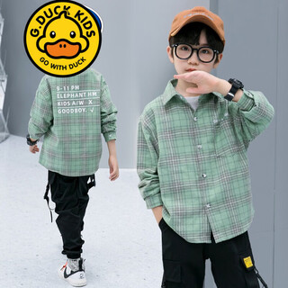 G.duck brand children's clothing boys plaid shirt spring and autumn children's long-sleeved shirt handsome boy autumn clothes for middle and large children green 150