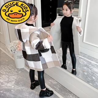 G.DUCKKIDS女童外套秋冬装中长款小女孩格子加厚羊羔绒呢子大衣中大儿童毛呢 大格子加绒加厚大衣 130 建议8-9岁 建议身高120CM