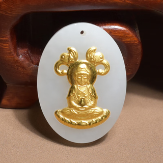 Yibiy was stunned by the brand hetian jade xinjiang qiemo material laokeng white jade guanyin gold inlaid jade pendant a4