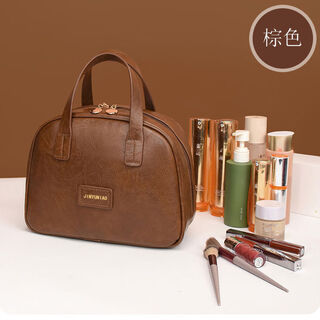 妮梦诗2025新款油蜡皮复古化妆包女大容量时尚高级感便携旅行护肤收纳包 棕色