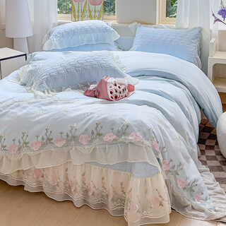 Lady laura fu anna produces french light luxury princess style cotton four-piece set 2025 new chiffon lace embroidered quilt cover hualian-baby blue bed sheet style 1.8m bed cover four-piece quilt cover 200*2