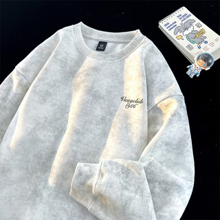 VUUG扎染脏脏圆领卫衣男士春秋季美式潮牌高街休闲打底衫 白色 XL