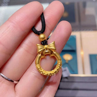 Yingtang lao phoenix 999 gold store alluvial gold princess bow necklace peace buckle pendant imitation gold simulation wedding pendant gold beads black rope 60cm lao fengxiang quality