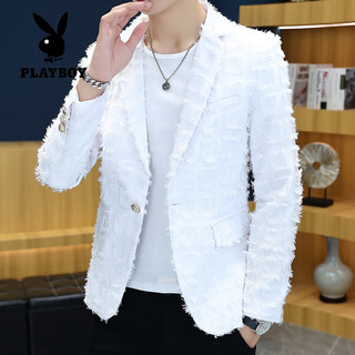 Playboy (playboy) suit jacket men's spring and autumn hairstylist slim nightclub handsome small suit korean style trendy raw edge design top white m recommended weight 95-110jin jin is equal to 0.5 kg