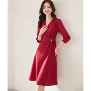 Shangjing new year's red celebrity dress autumn style v-neck waist a-line skirt for women