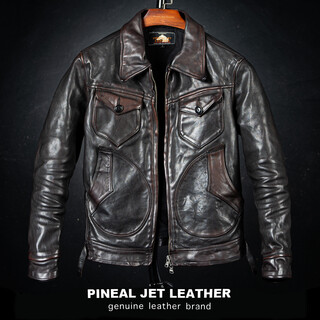 Pineal jet leatherpjl men's classic short american retro distressed western lapel slim horsehide mendoza leather jacket black black tea m (130jin jin is equal to less than 0.5kg)