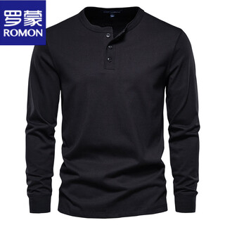 Romon henley shirt men's autumn heavyweight t-shirt pure cotton long-sleeved henley collar high-end men's business bottoming shirt slim top black m weight 125-145jin jin equals 0.5 kg