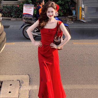 Henmeichu red dress women's skirt summer 2025 new high-end new chinese style floral suspender seaside beach long dress red printed suspender square neck pleated dress l recommended 85-115jin jin equals 0.5 kg
