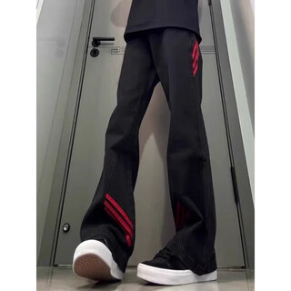 Katuchi red and black contrast stitching bootcut jeans for men in spring and autumn trendy high street design american workwear straight long pants black xl