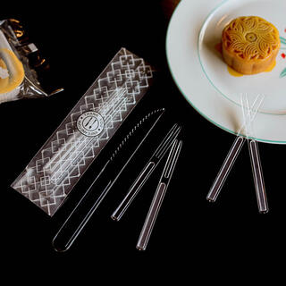 Muyu mid-autumn mooncake individually packaged high-end cake knife disposable cake cutter plastic baking mooncake knife and fork set thickened transparent 10 sets 1 knife 4 forks