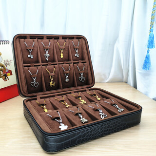High-end portable necklace jewelry tag pendant jewelry storage box pendant large capacity zipper leather storage box black - pendant style - crocodile pattern