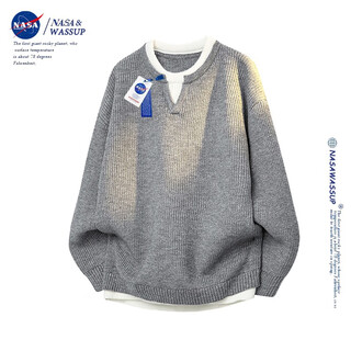 Nasawassup official fashion brand co-branded sweater men's autumn and winter hong kong style round neck fake two-piece sweater lazy style men's pullover worsted gray xl (recommended 140-160 jin jin equals 0.5 kg)