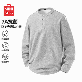 Miniso american trendy henry collar long-sleeved t-shirt for men in spring and autumn, inner layering shirt for men, casual and versatile loose clothes, 260g heavy weight, flower ash 2xl /185 (weight 160-180jin jin is equal to 0.5 kg)