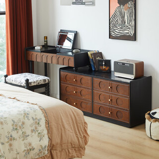 Home collector mid-century style solid wood dressing table and drawer integrated master bedroom bed end bedside retro retractable dressing table bedside table 1 meter flip dressing table + 1.2 meter six drawer cabinet dressing table + makeup stool combination