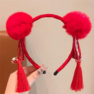Zi jiafu new year's antique style tassels chinese style red headwear one-year-old hairband tang suit hanfu accessories baby bow festive big red fur ball