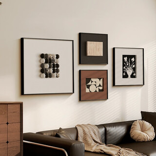 Jianzao three-dimensional sandstone italian minimalist living room decoration painting high-end sofa background wall hanging painting antique style restaurant mural a small set 50*50+30*30*2+40*40cm black aluminum alloy frame three-dimensional solid wood painting + textured sandstone + woven leather