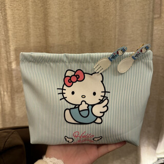 New style cute blue striped kitty cat cosmetic bag cartoon hand cosmetic bag large capacity blue striped kitty cat