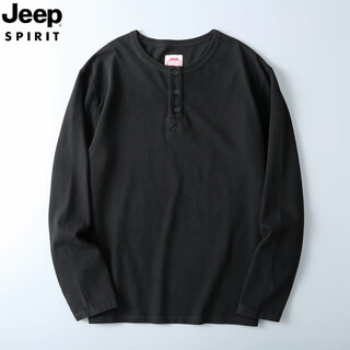 Jeep spirit jeep henry shirt men's long-sleeved t-shirt henry collar american retro washed distressed cotton bottoming shirt with t black s