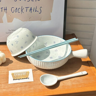 Jingwan winter first snow handle bowl girly heart rice bowl ceramic one person food set colorful ins tableware high-looking instant noodles first snow | blue handle bowl + rice bowl + spoon + chopsticks