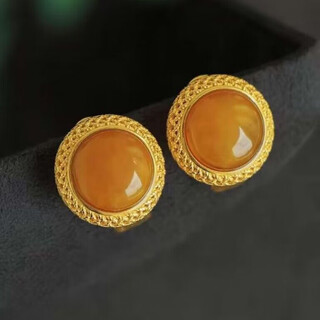 Chengyuanxiang creorisetin natural old beeswax earrings, amber earrings, retro filigree sterling silver gold-plated temperament, retro hong kong style earrings, earrings, a pair of shop owners
