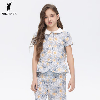 Polowalk 100% cotton children's clothing girls short-sleeved shirt 2025 summer new printed versatile top blue 120