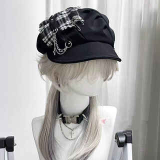 Queen trip original y2k subculture punk millennial hottie cross neutral dark plaid beret cloud hat soft brim black plaid beret cloud hat