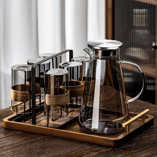 De faraday new chinese style high temperature resistant glass drinking cup set for home living room, light luxury and high-end tea making kettle, ash wood ring cup x6 + black stand + pot + gold handle tray