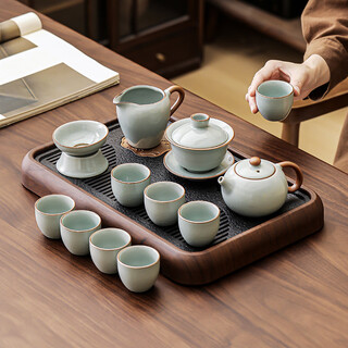 Bowei (bw) sky blue ru kiln tea set household kung fu tea set complete set can grow gold silk cicada wings pattern happy green with mountain view