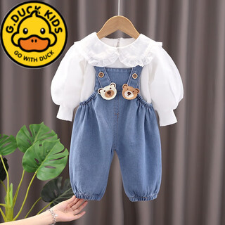 G.duckkids girls spring denim overalls suit 2024 new style baby clothes 1 to 3 years old baby girl trousers xp denim overalls cover puff sleeve blue 100 recommended age 3-4 years old